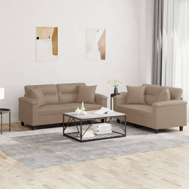 2-tlg. Sofagarnitur mit Kissen Cappuccino-Braun Kunstleder
