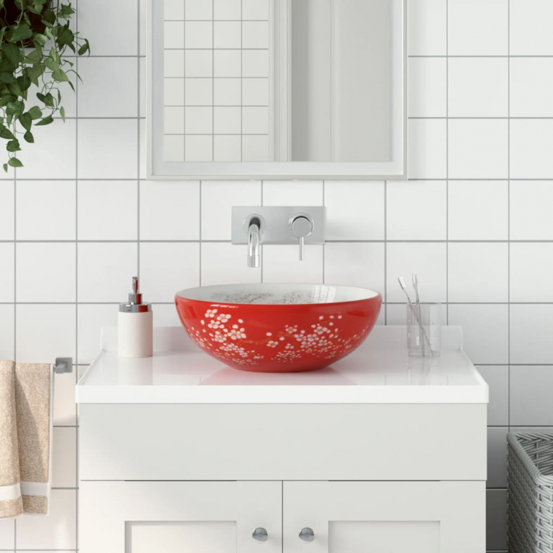 Aufsatzwaschbecken Weiß und Rot Rund Ø41x14 cm Keramik