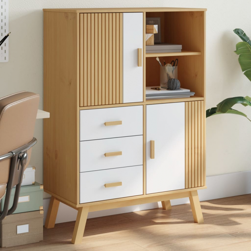 Highboard OLDEN Weiß und Braun 85x43x125 cm Massivholz Kiefer
