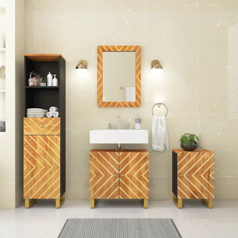 4-tlg. Badschrank-Set Braun und Schwarz Massivholz Mango