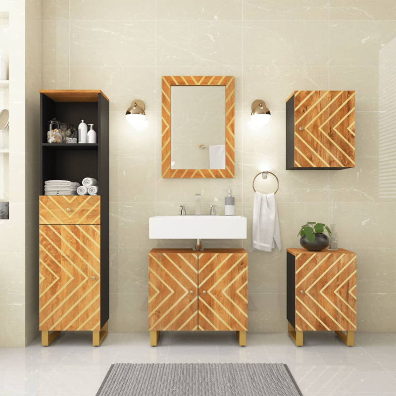 5-tlg. Badschrank-Set Braun und Schwarz Massivholz Mango
