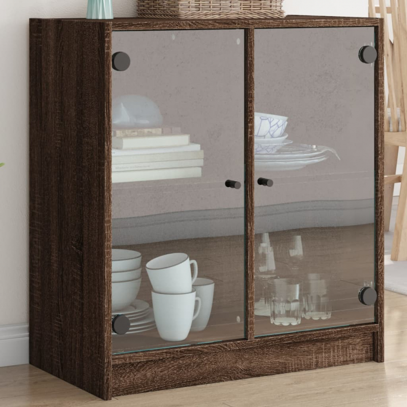 Beistellschrank mit Glastüren Braun Eichen-Optik 68x37x75,5 cm