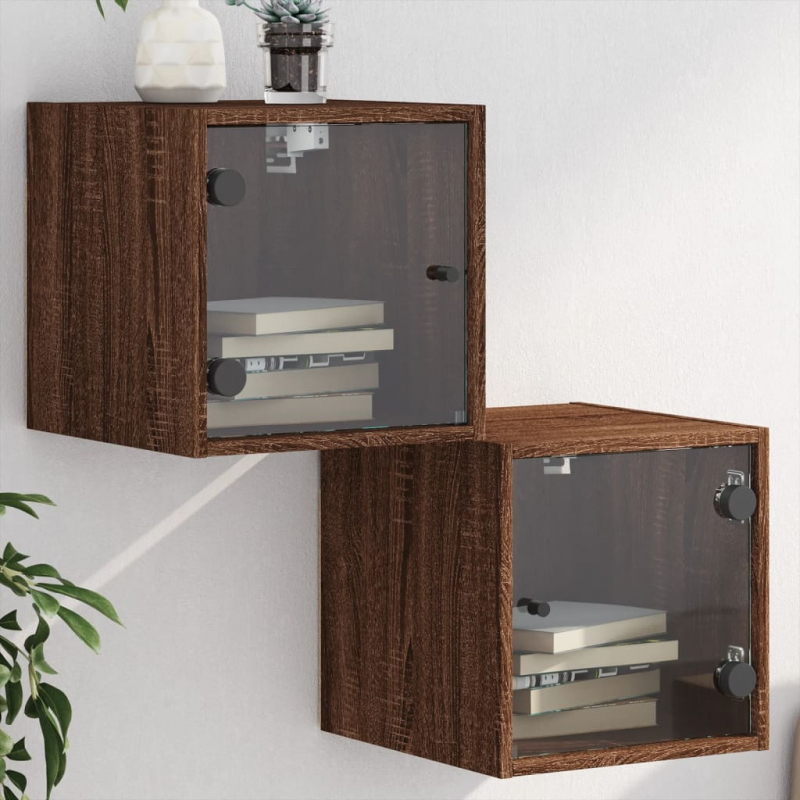 Nachttische mit Glastüren 2 Stk. Braun Eichen-Optik 35x37x35 cm