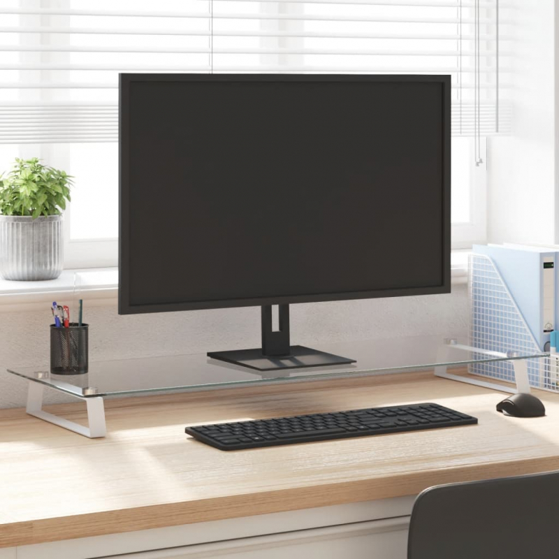Monitorständer Weiß 100x35x8 cm Hartglas und Metall