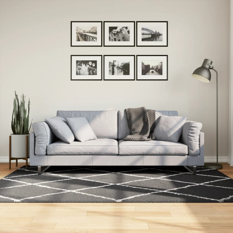 Teppich Shaggy Hochflor Modern Schwarz und Creme 140x200 cm