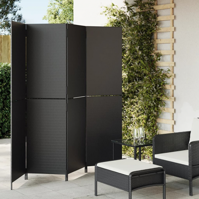 Paravent 4-tlg. Schwarz Poly Rattan