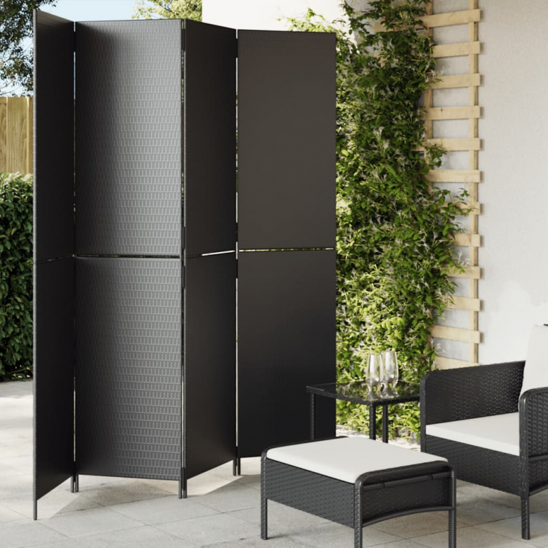 Paravent 4-tlg. Schwarz Poly Rattan