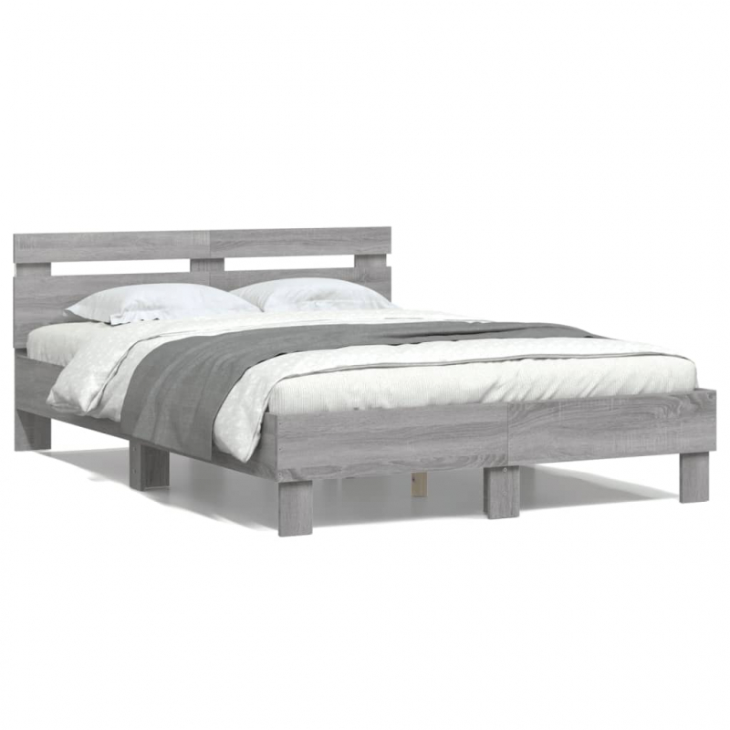 Bettgestell mit Kopfteil LED-Beleuchtung Grau Sonoma 135x190 cm