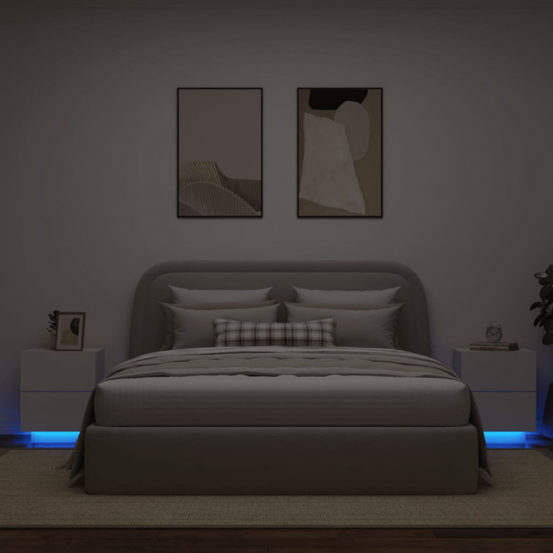 Nachttische mit LED-Leuchten 2 Stk. Weiß Holzwerkstoff