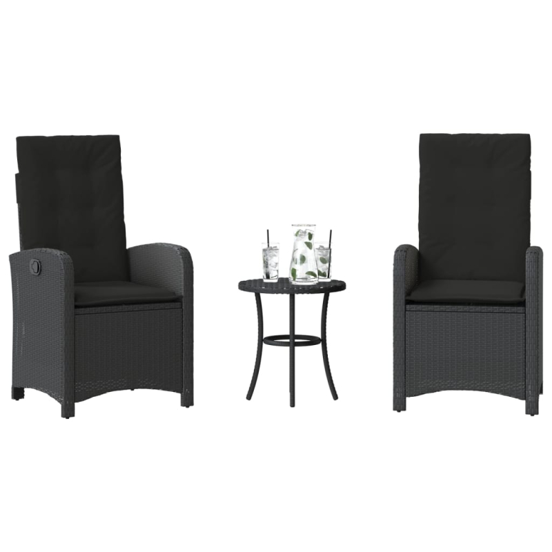 3-tlg. Bistro-Set mit Kissen Schwarz Poly Rattan