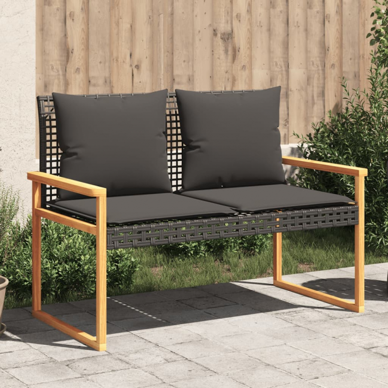 Gartenbank mit Kissen Schwarz Poly Rattan Akazienholz