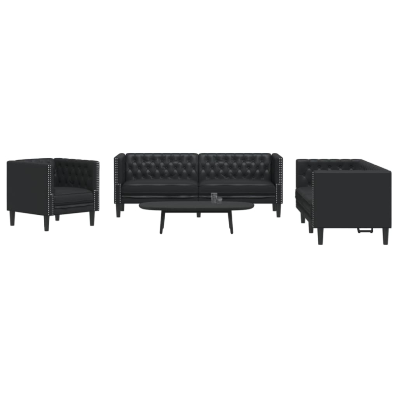 3-tlg. Chesterfield-Sofa-Set Schwarz Kunstleder