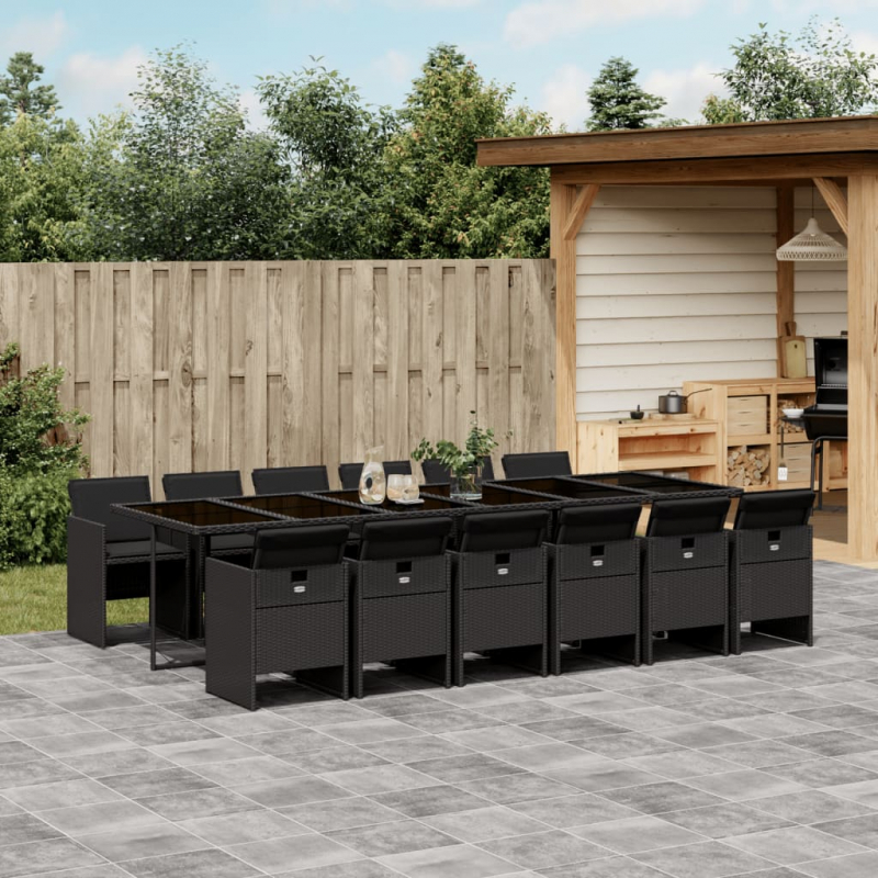 13-tlg. Garten-Essgruppe mit Kissen Schwarz Poly Rattan
