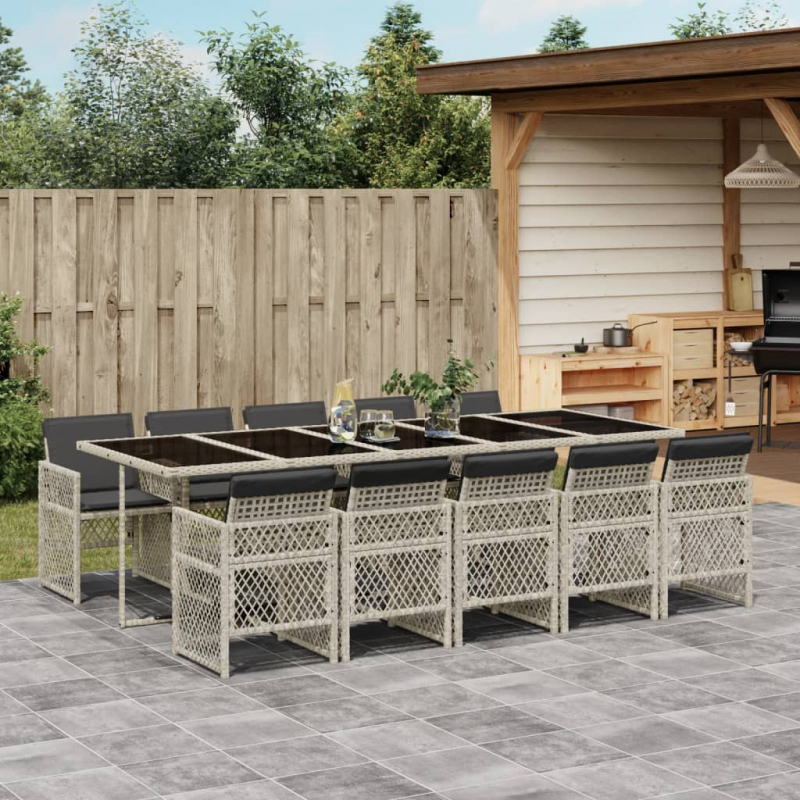 11-tlg. Garten-Essgruppe mit Kissen Hellgrau Poly Rattan