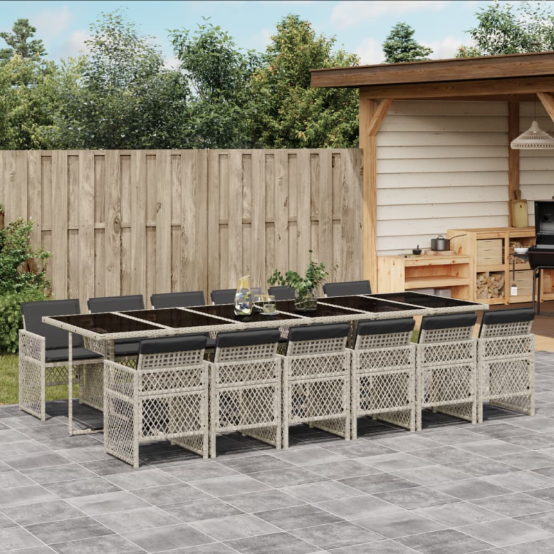 13-tlg. Garten-Essgruppe mit Kissen Hellgrau Poly Rattan