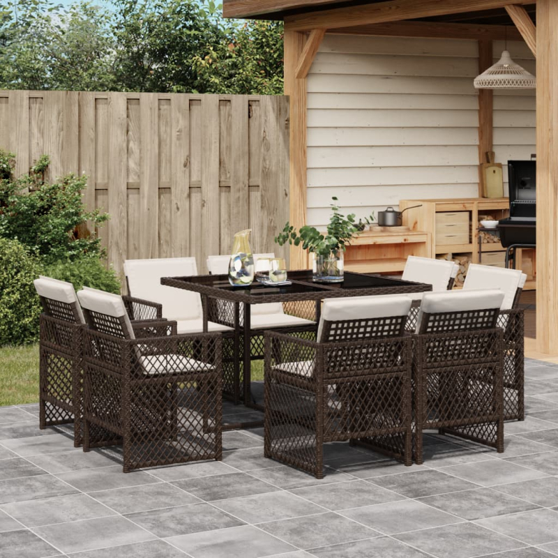 9-tlg. Garten-Essgruppe mit Kissen Braun Poly Rattan