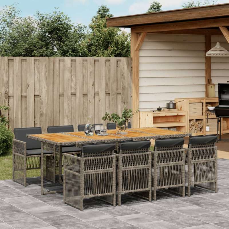 9-tlg. Garten-Essgruppe mit Kissen Grau Poly Rattan