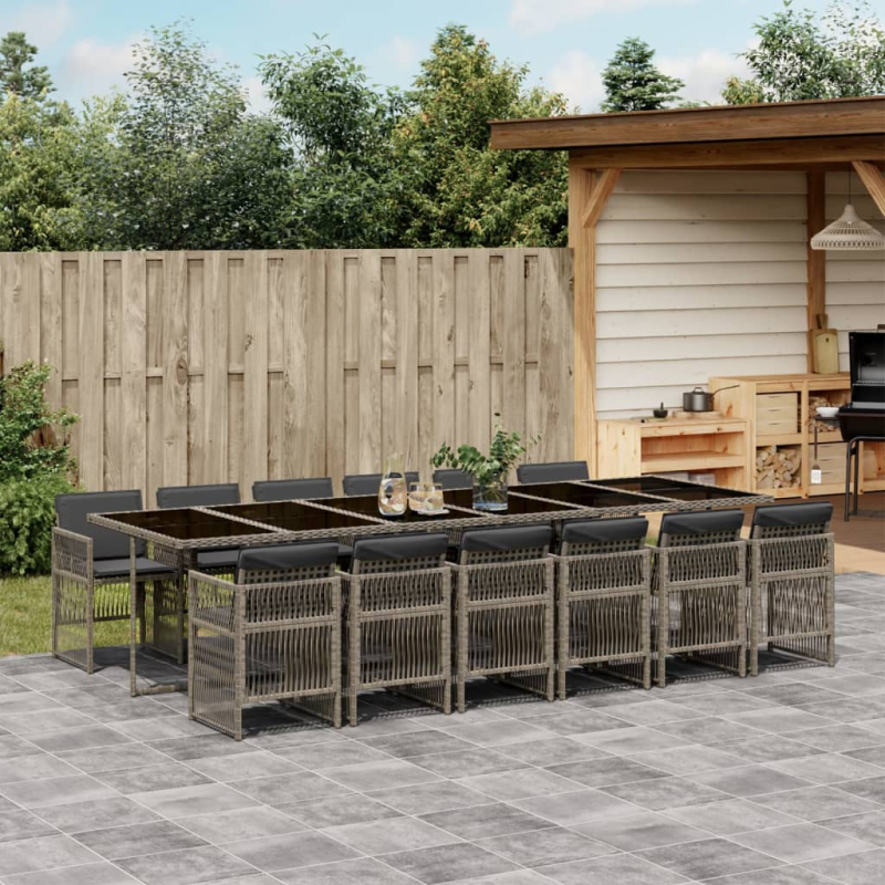 13-tlg. Garten-Essgruppe mit Kissen Grau Poly Rattan