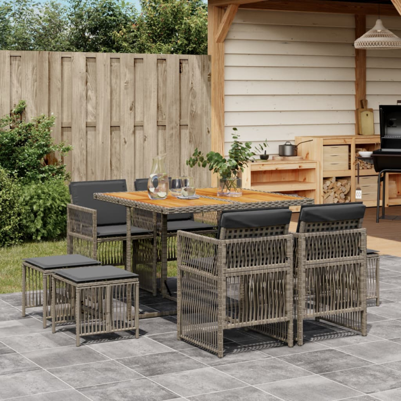 9-tlg. Garten-Essgruppe mit Kissen Grau Poly Rattan
