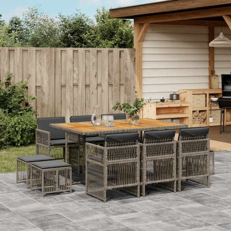 11-tlg. Garten-Essgruppe mit Kissen Grau Poly Rattan