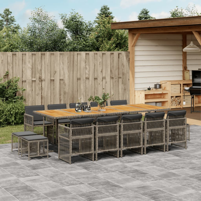15-tlg. Garten-Essgruppe mit Kissen Grau Poly Rattan