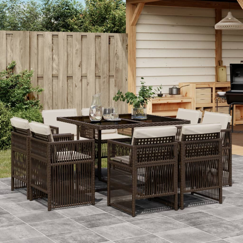 9-tlg. Garten-Essgruppe mit Kissen Braun Poly Rattan