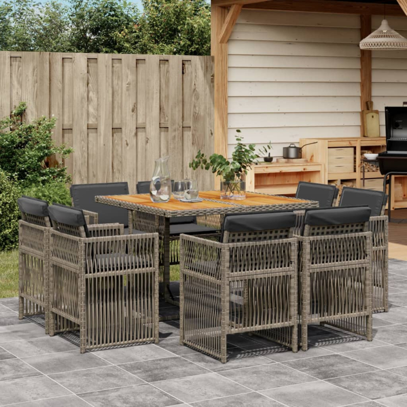 9-tlg. Garten-Essgruppe mit Kissen Grau Poly Rattan