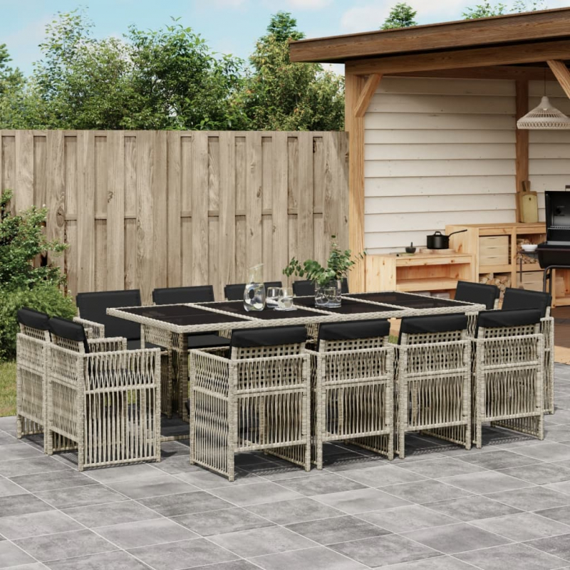 13-tlg. Garten-Essgruppe mit Kissen Hellgrau Poly Rattan