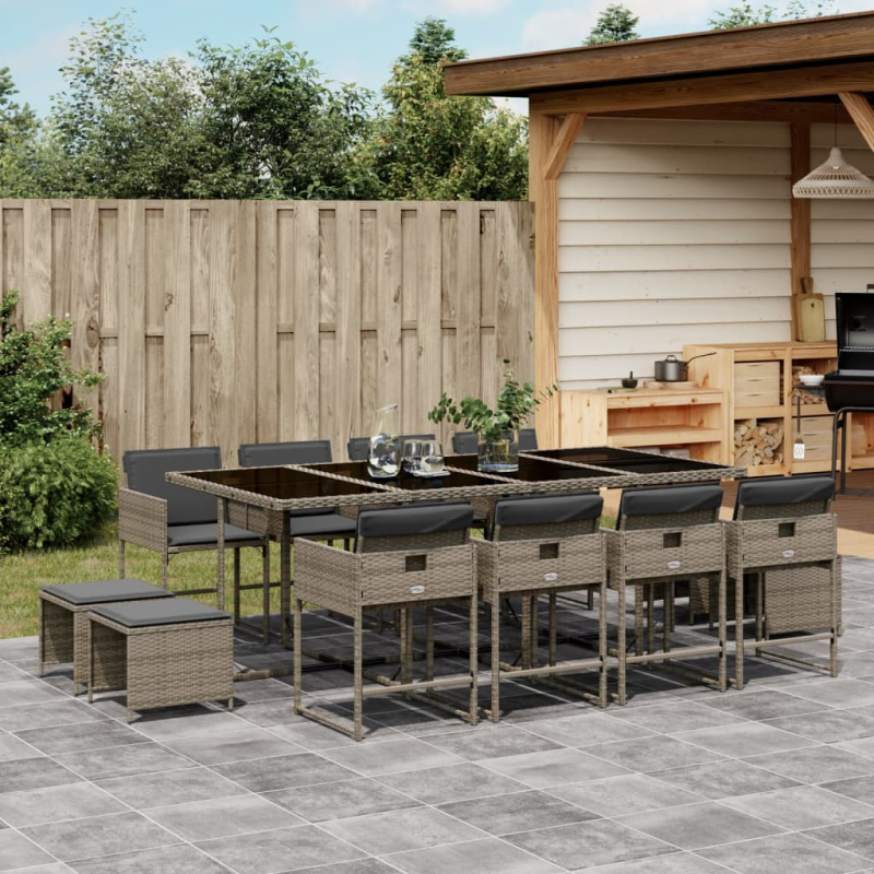13-tlg. Garten-Essgruppe mit Kissen Grau Poly Rattan