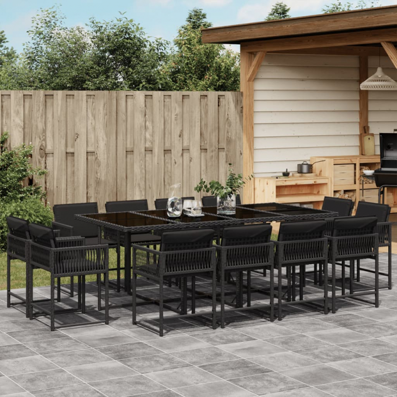 13-tlg. Garten-Essgruppe mit Kissen Schwarz Poly Rattan