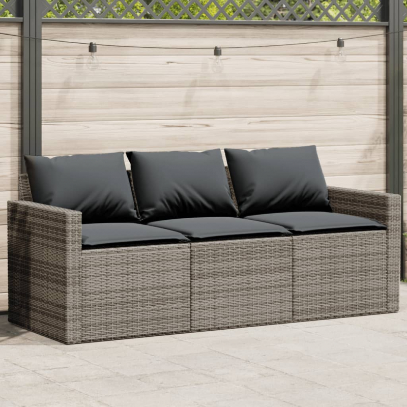 Gartensofa mit Kissen 3-Sitzer Grau Poly Rattan