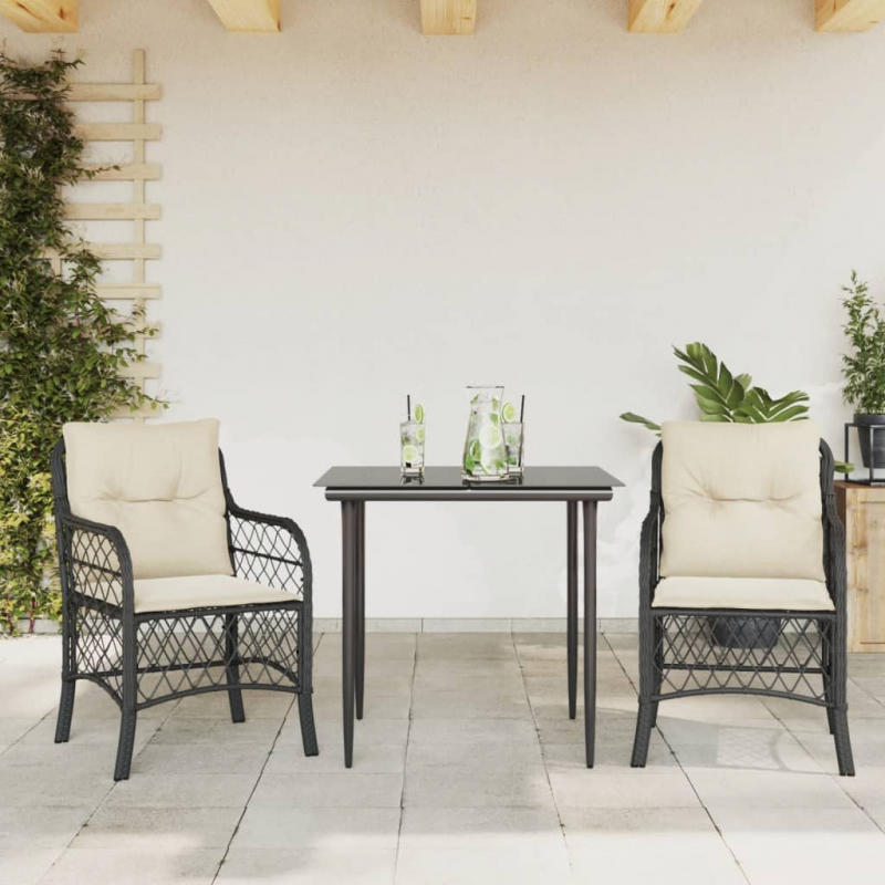 3-tlg. Bistro-Set mit Kissen Schwarz Poly Rattan