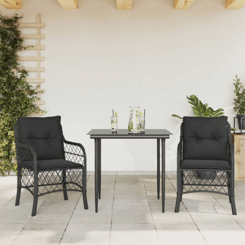 3-tlg. Bistro-Set mit Kissen Schwarz Poly Rattan