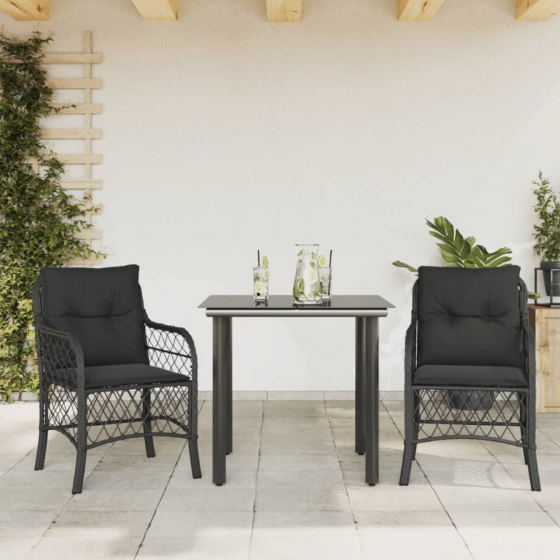 3-tlg. Bistro-Set mit Kissen Schwarz Poly Rattan