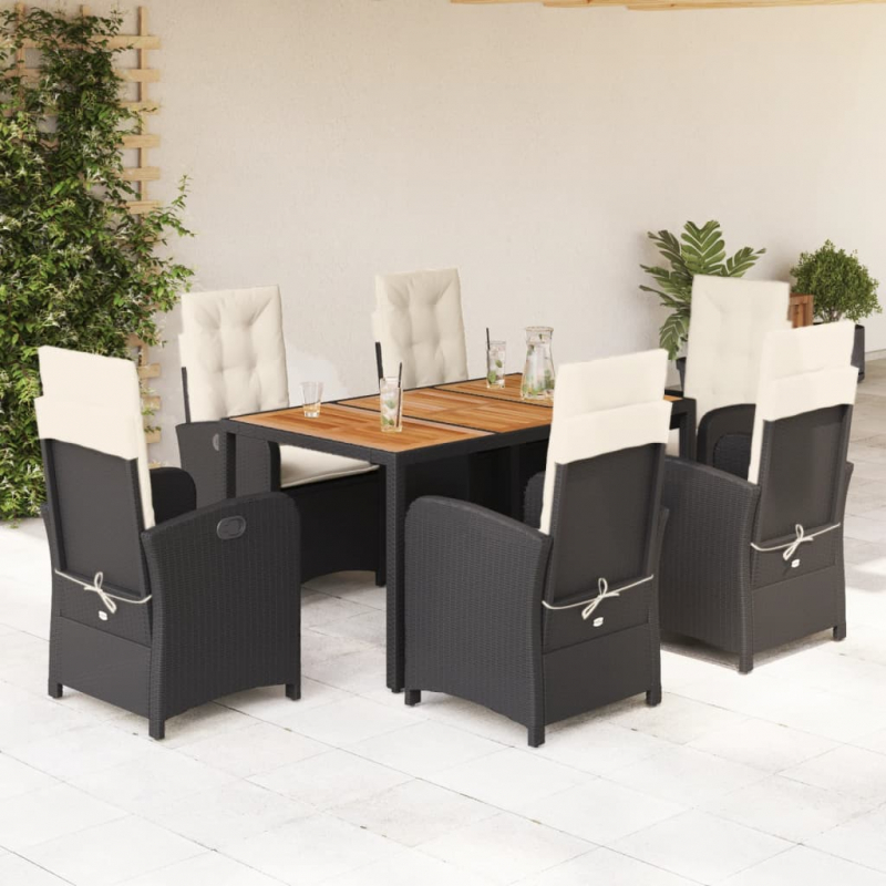7-tlg. Garten-Essgruppe mit Kissen Schwarz Poly Rattan