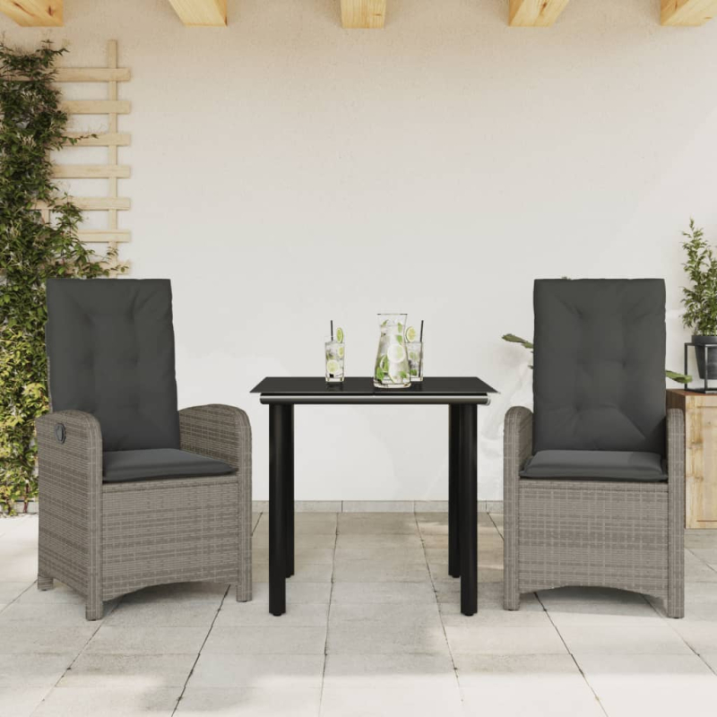 3-tlg. Garten-Essgruppe mit Kissen Grau Poly Rattan