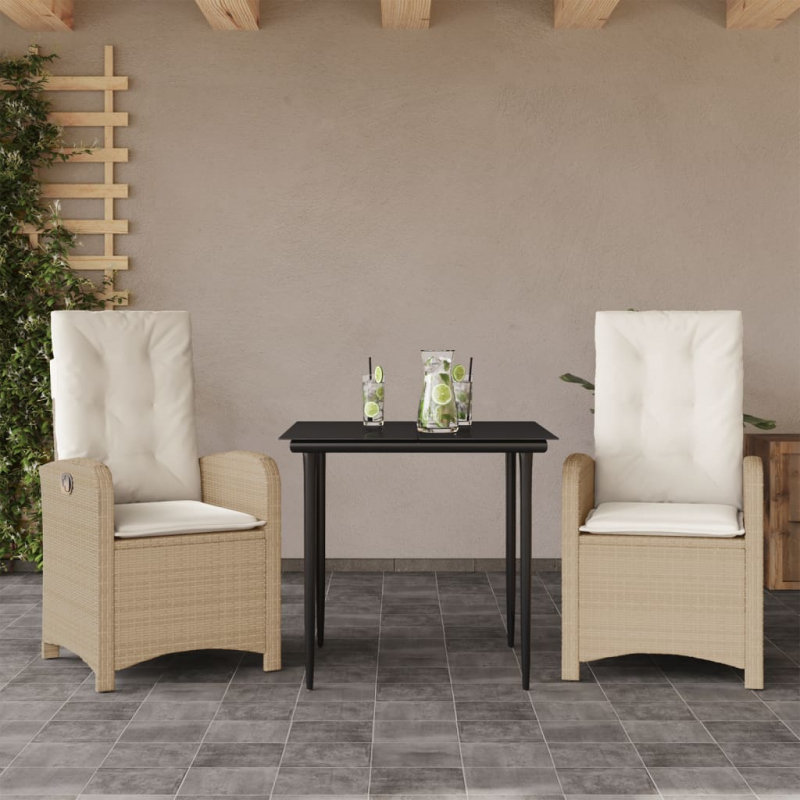 3-tlg. Garten-Essgruppe mit Kissen Beige Poly Rattan