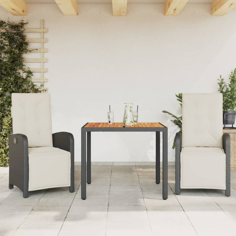 3-tlg. Bistro-Set mit Kissen Schwarz Poly Rattan