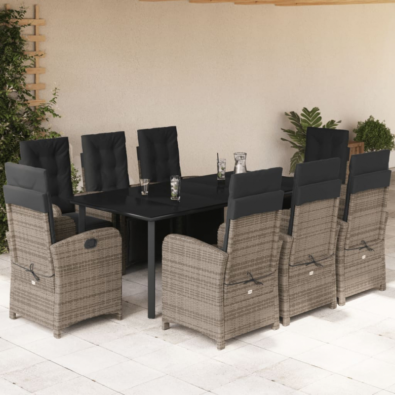 9-tlg. Garten-Essgruppe mit Kissen Grau Poly Rattan