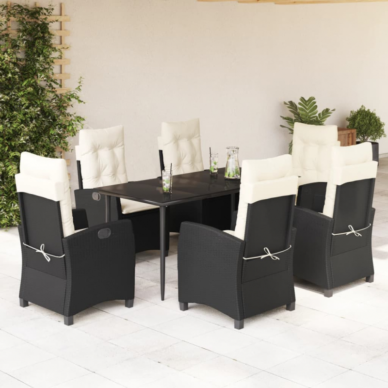 7-tlg. Garten-Essgruppe mit Kissen Schwarz Poly Rattan