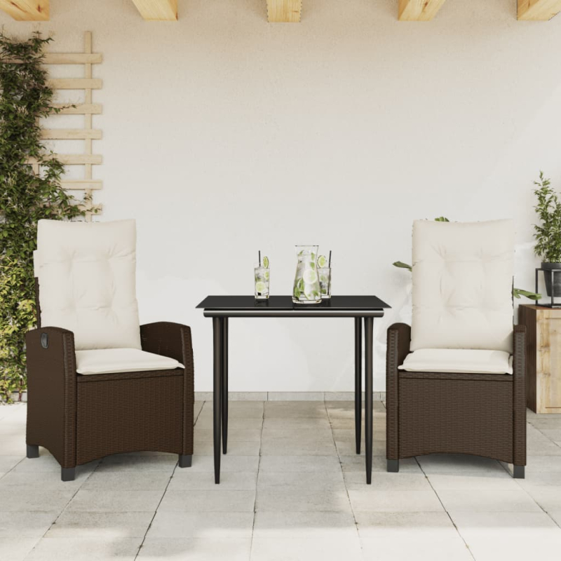 3-tlg. Garten-Essgruppe mit Kissen Braun Poly Rattan