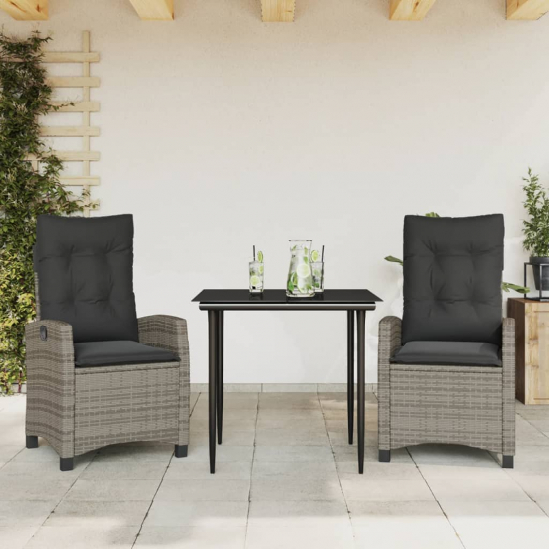 3-tlg. Garten-Essgruppe mit Kissen Grau Poly Rattan