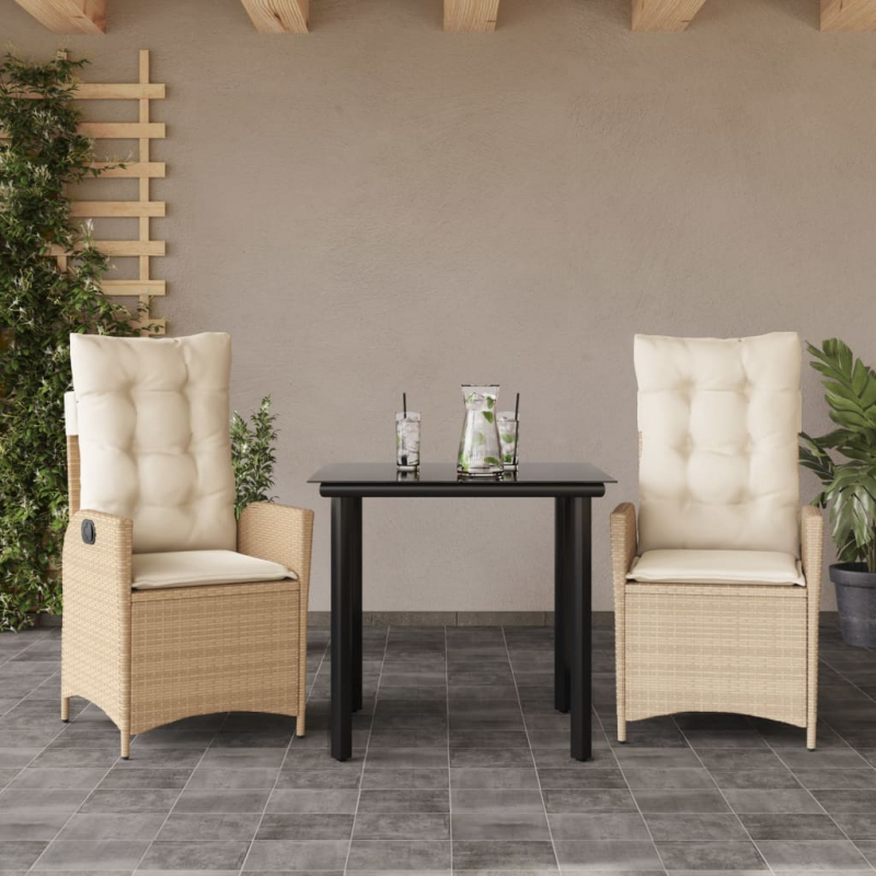 3-tlg. Garten-Essgruppe mit Kissen Beige Poly Rattan