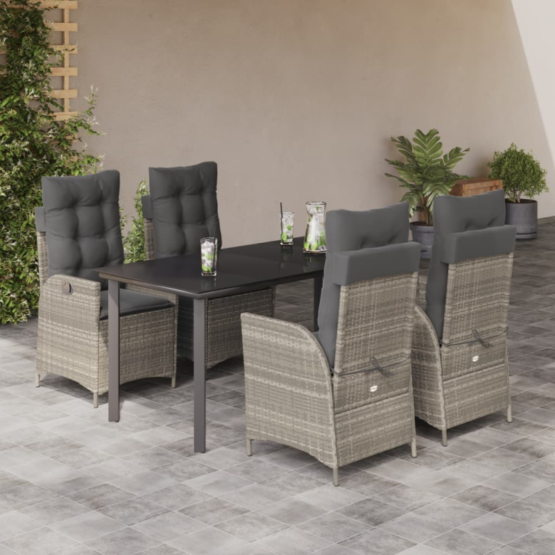 5-tlg. Garten-Essgruppe mit Kissen Hellgrau Poly Rattan