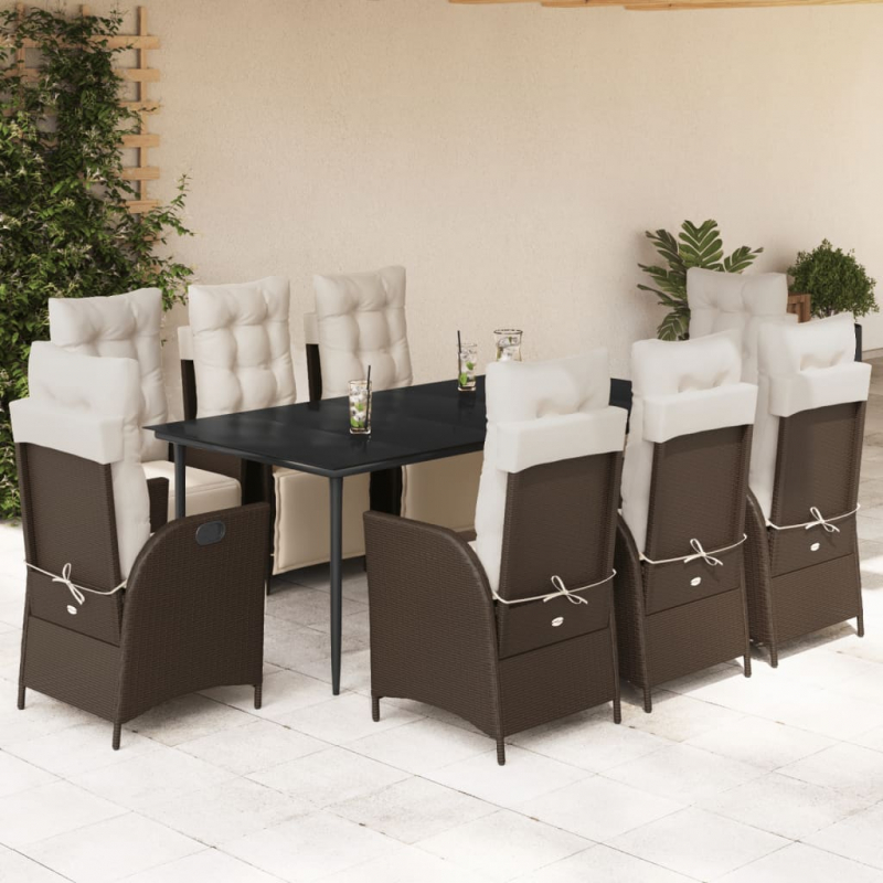 9-tlg. Garten-Essgruppe mit Kissen Braun Poly Rattan