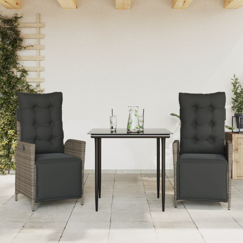 3-tlg. Garten-Essgruppe mit Kissen Grau Poly Rattan