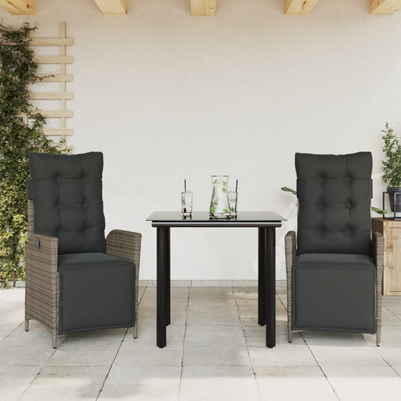 3-tlg. Garten-Essgruppe mit Kissen Grau Poly Rattan
