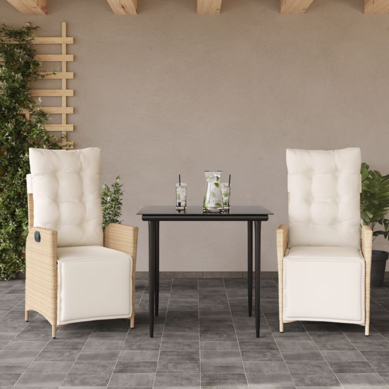 3-tlg. Garten-Essgruppe mit Kissen Beige Poly Rattan