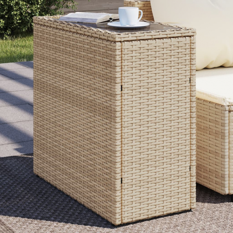 Garten-Beistelltisch Glasplatte Beige 58x27,5x55 cm Poly Rattan