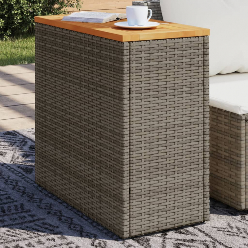 Garten-Beistelltisch mit Holzplatte Grau 58x27,5x55 cm Rattan